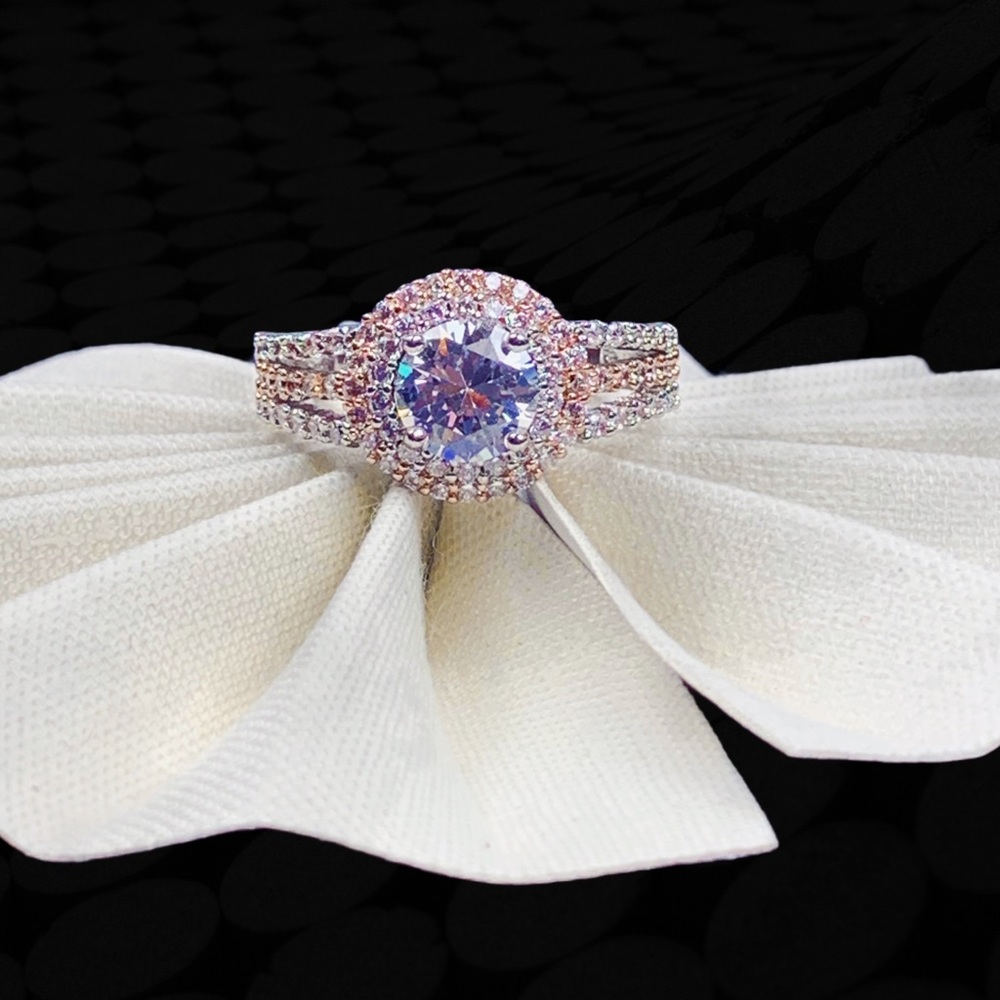 Two Tone Rose Gold Silver Double Halo Round Split Shank Pavé Engagement Ring 7 - Picture 16 of 17